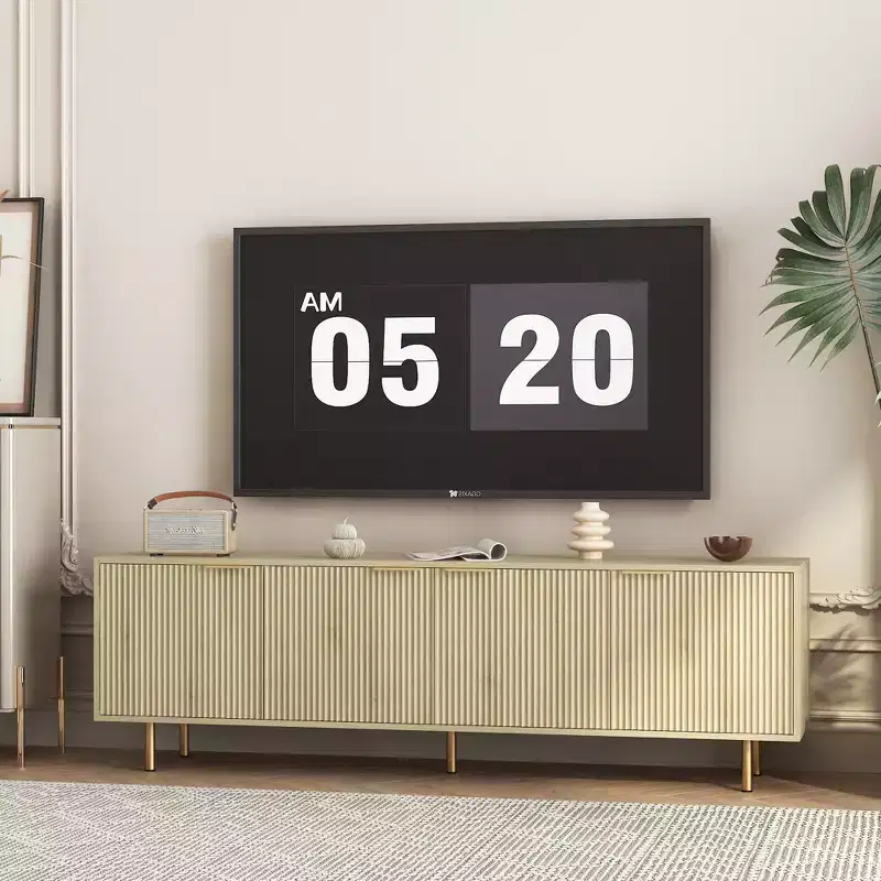 VIYET 69 Modern Fluted TV Stand for 55+ Inch TVs, Black MDF Media Console w/ 4 Storage Doors & Gold Legs