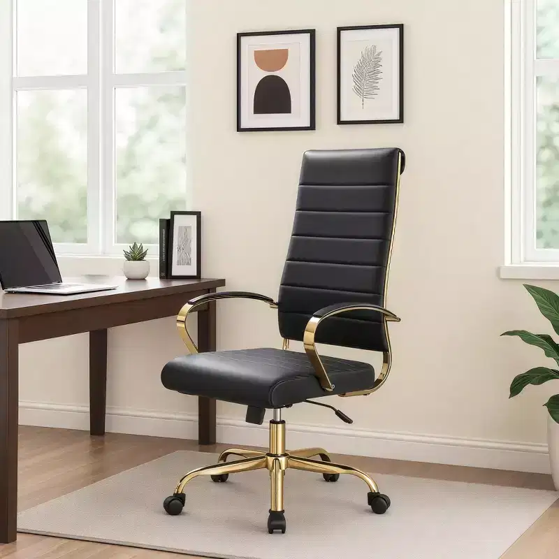 High-Back Ribbed Leather Office Chair Modern Swivel & Tilt Executive Desk Chair Gold Base