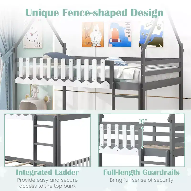 Twin Over Twin House Bunk Bed with Fence & Ladder - Solid Wood, Gray