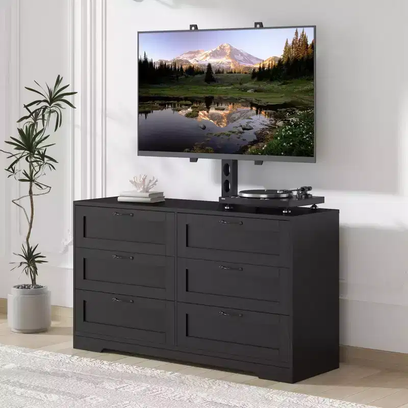 TV Stand with Mount and 6 Drawers Storage for 32/45/55/65/75/80 Inch TVs,Black Entertainment Center for Bedroom,Living Room, Wood Media Console Tables