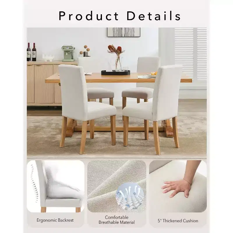 Modern Fabric Upholstered Dining Chairs Set of 2,Ergonomic Curved Back, Heavy Duty Wood Legs, 265lbs Capacity for Dining Room, Kitchen & Home Office