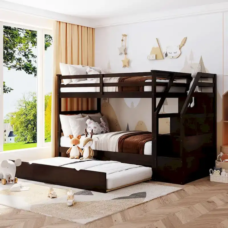 Twin-Over-Twin Bunk Bed with Twin Size Trundle and 3 Storage Stairs,Espresso