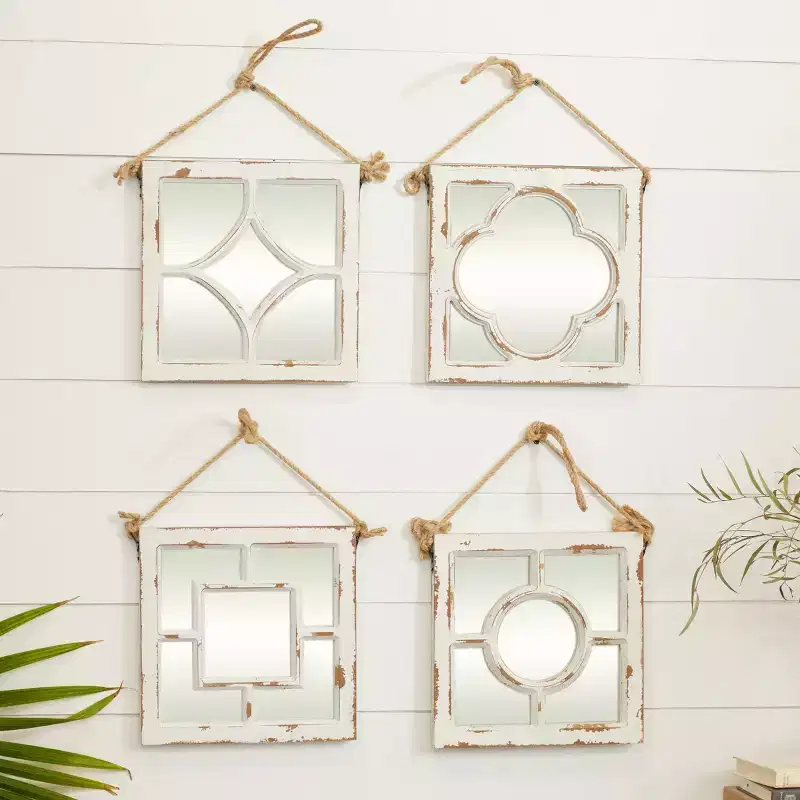 Wood Carved Designs Wall Mirror with Rope Hanger Set of 4 White