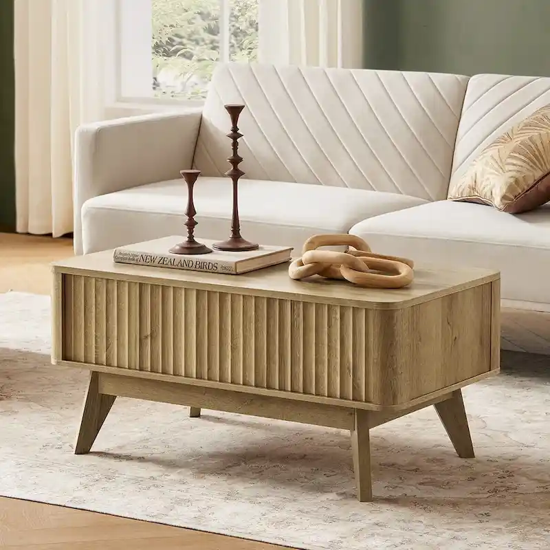 Lift Top Coffee Table with Storage, Fluted Panel, Art Deco Style – 1 Person