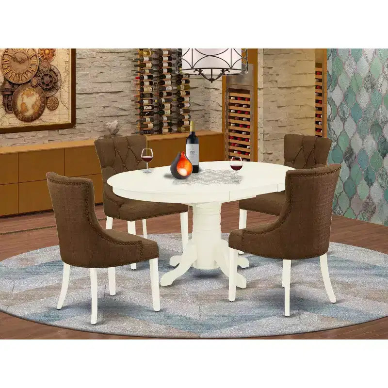 HomeStock 5-Piece Oval Linen White Finish Solid Wood Top Dining Table with 4 Parson Chair with Butterfly Leaf