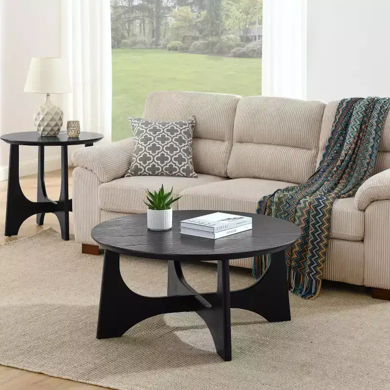 GDFStudio Sungmin Modern Wooden Round Coffee Table with Cross-Designed Legs