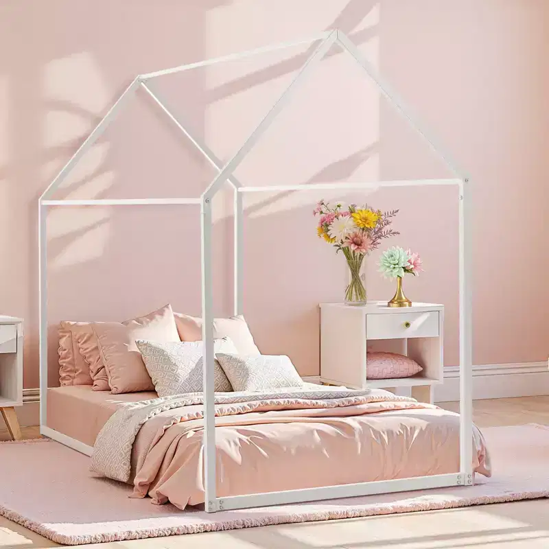 Twin Size House Bed Frame, Metal Kids Floor Bed Frame with Roof, Heavy Duty Steel Slats Support, House Shape Bedframe, White