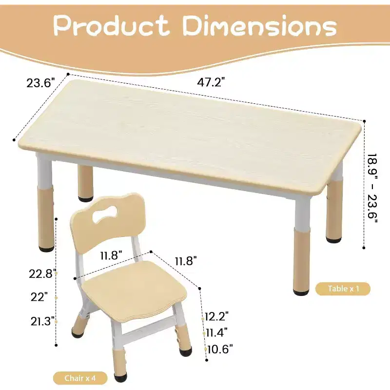 Kids Table and 4 Chairs Set, Height Adjustable Toddler Table and Chair, Kid Play Furniture for Reading, Drawing
