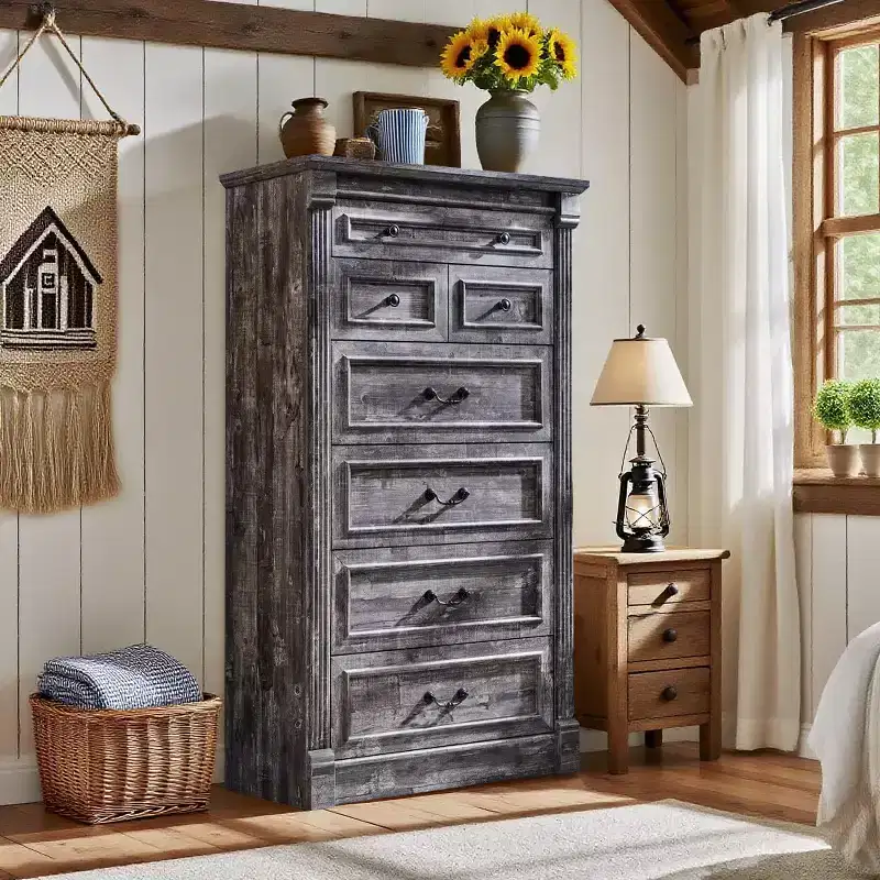 Farmhouse 7 Drawers Dresser for Bedroom, 57 Tall Dressers w/Roman Column