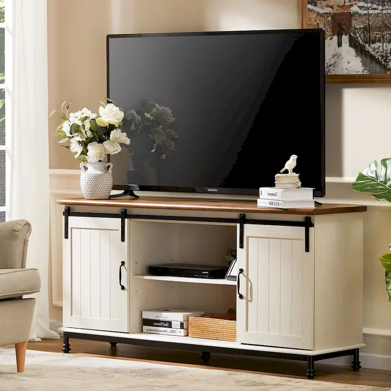 Farmhouse-Style Barn Door TV Stand — Storage Cabinet & Entertainment Center, Fits TVs Up to 65 Inches