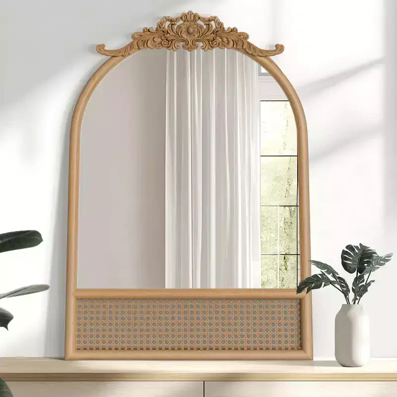 Natural Wood Base Woven Rattan Carved Arch Wall Mirror