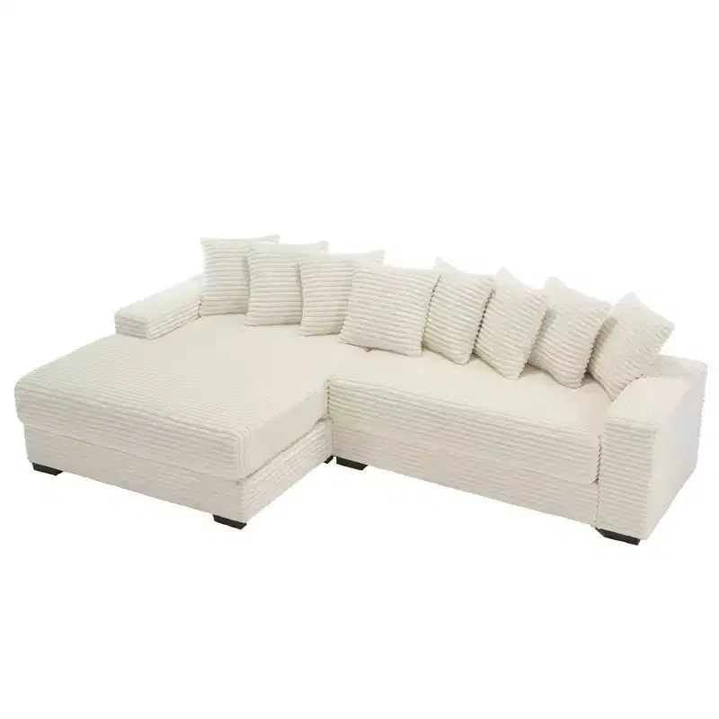 GDFStudio Isabel 111 Corduroy Upholstered Wood L Shaped Sofa with Eight Pillows