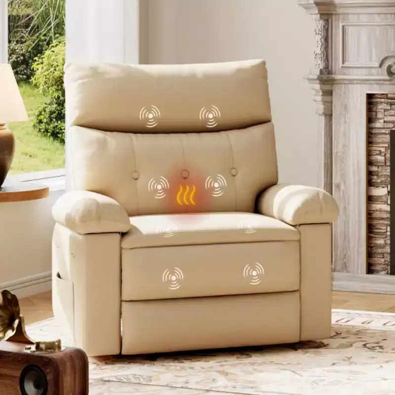 21.26 Inch PU Leather Swivel Rocker Recliner, 360 Swivel Round Base, Massage & Heat Function, Single Sofa for Living Room