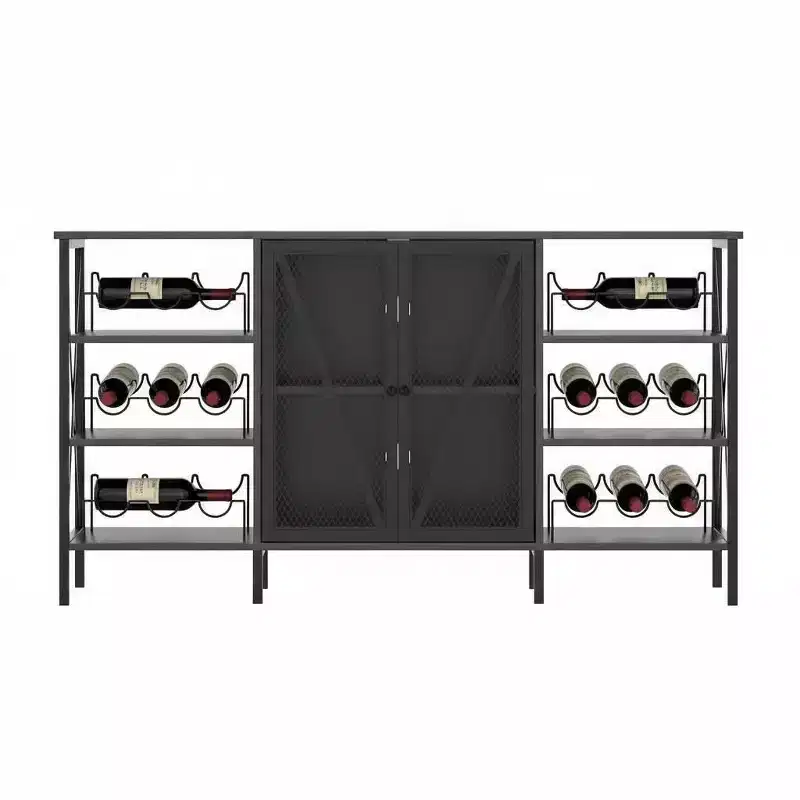 Farmhouse Wine Bar Cabinet, Industrial Coffee Bar Sideboard with Wine Rack and Glass Holder