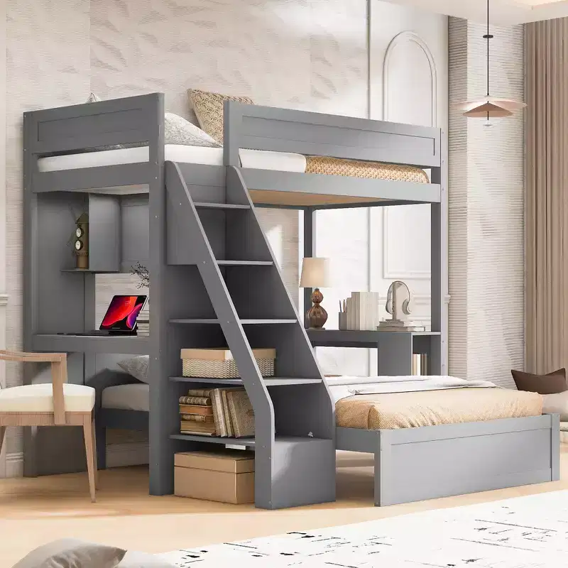 Twin XL Over Full Bunk Bed with Desk and USB, Solid Wood with Side Shelves and Under-Bed Storage