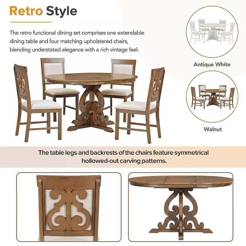 58 Traditional Extendable Dining Table Set with 4 Upholstered Chairs