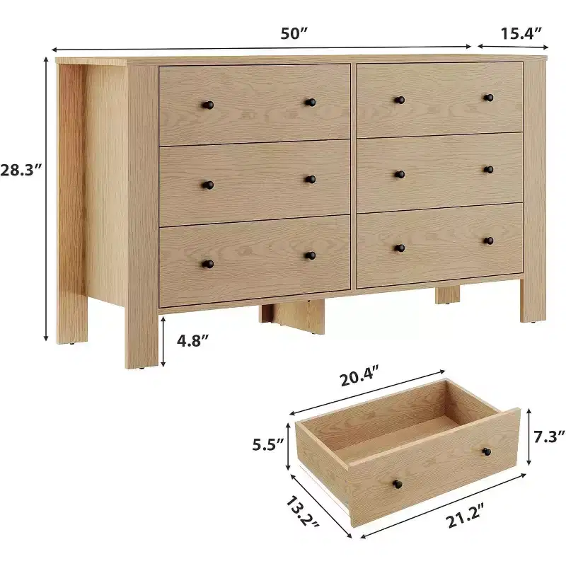 Dresser for Bedroom, 6 Drawer Dresser with Wide Drawer and Metal Handles, Wood Dressers & Chests of Drawers for Hallway, Entryway