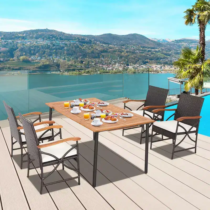 Costway 7PCS Patio Wicker Dining Set Cushion Acacia Wood Armrests Table with Umbrella Hole