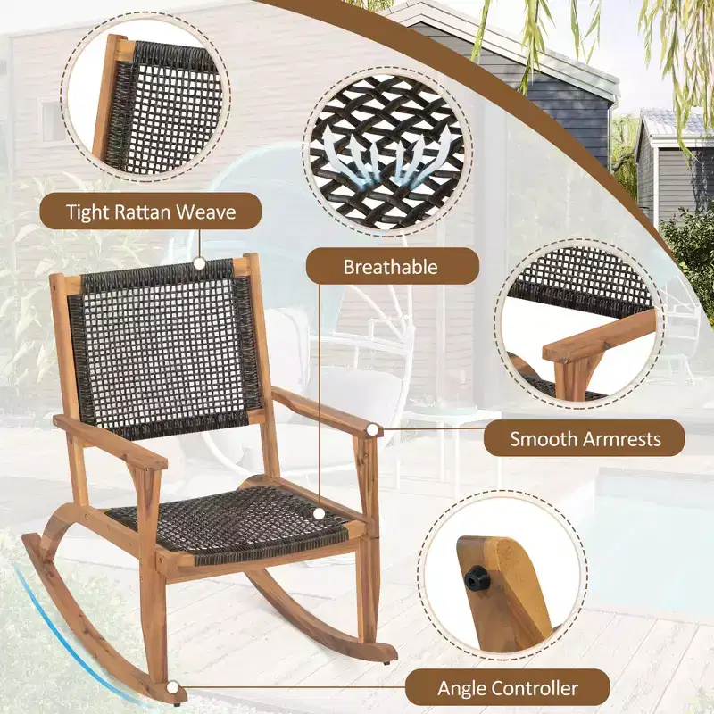 GDFStudio Antonio Patio Modern Acacia Wood Rocking Chair with Wicker Back and Seat (Set of 2)