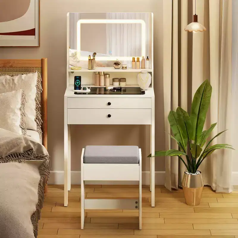 Costway Small Vanity Desk w/Mirror Lights Charging Station Glass Top Drawers Shelf