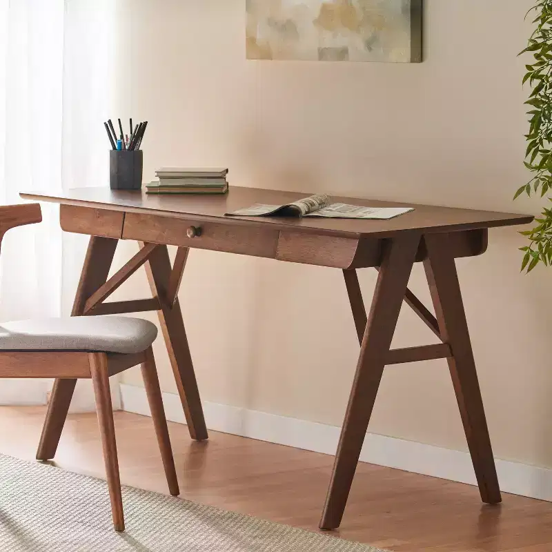 TUYOHW 57 Rubberwood Home Office Desk,Computer Desk with 1 Drawer,A-Frame Legs,Writing Desk for Gaming,Study,Office,Small Spaces,Walnut