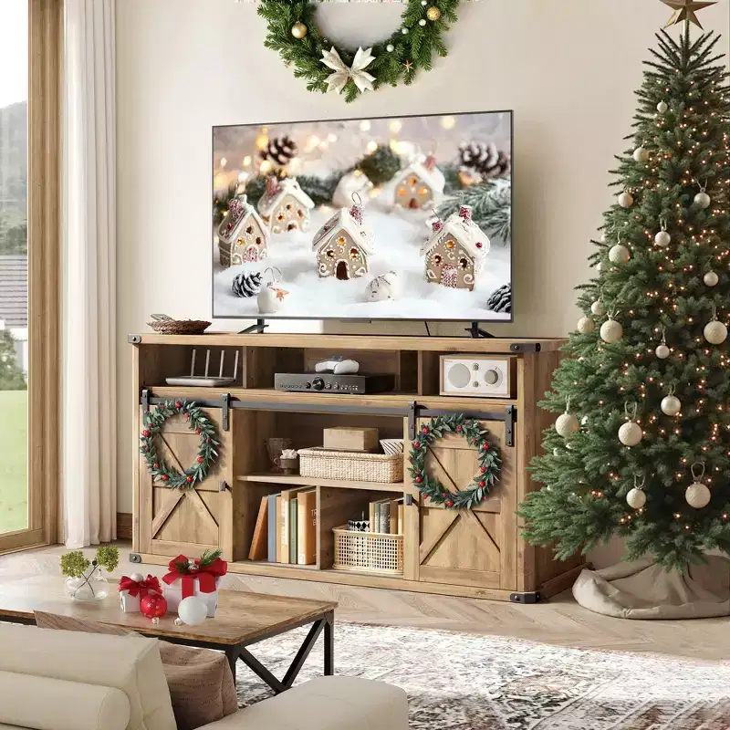 VASAGLE TV Stand for TVs up to 65, Farmhouse TV Console, 2 Sliding Barn Doors, for Living Room