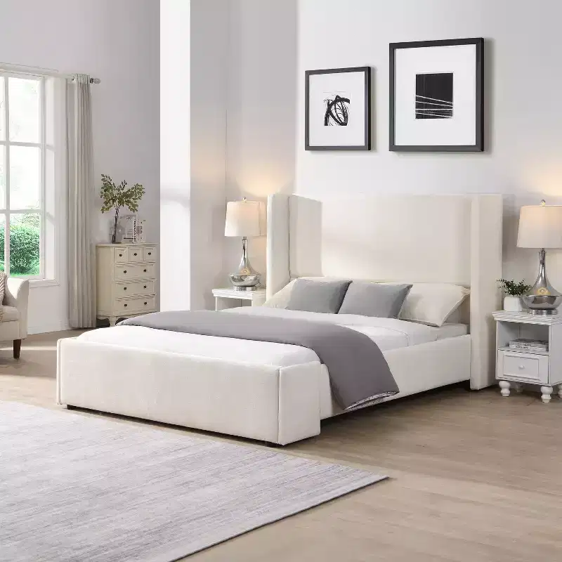 Elegant Upholstered Platform Bed with Tall Wingback Headboard, Queen/King Size Bed Frame, White - ModernLuxe