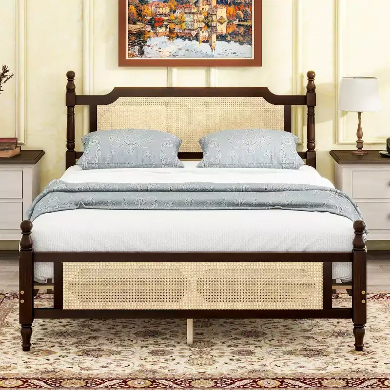 Queen/King Platform Bed with Rattan Headboard and Footboard, Pine Wood with Central Enhanced Leg, Espresso/Walnut