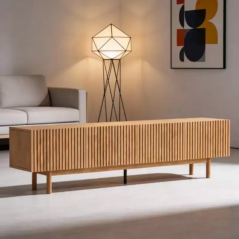 Fluted Media Console TV Stand with Layered Storage, Removable Shelves & Solid Wood Legs