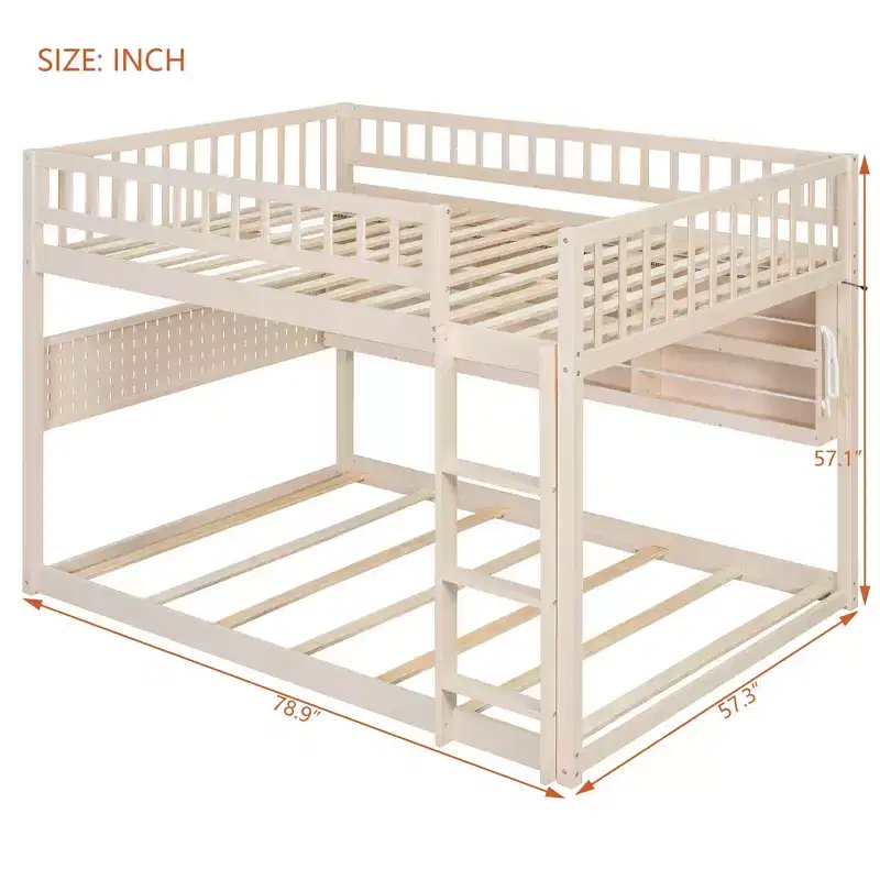 Luxystar Full Over Full Modern Low Bunk Bed With Storage Lighted Shelves And Pegboard