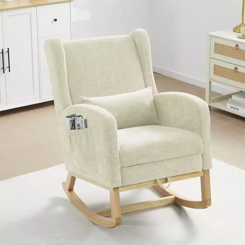 Hyleory Chenille Rocking Chair Rocker With Retractable Footrest, Solid Wood Leg, Long Non-Slip Pad, Lumbar Support And Side Pocket