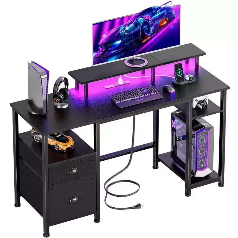 51 Inch Black Reversible Computer Gaming Desk with Monitor Stand File Cabinet Storage Shelves LED Power Outlets for Home Office PC Workstation Table