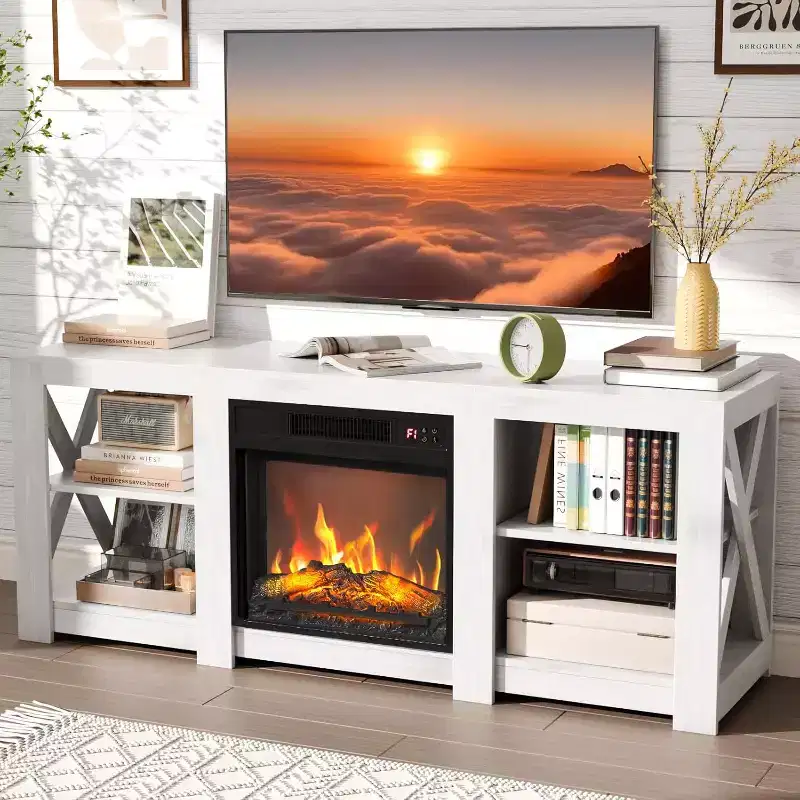 Farmhouse TV Stand with Electric Fireplace Heater for up to 70