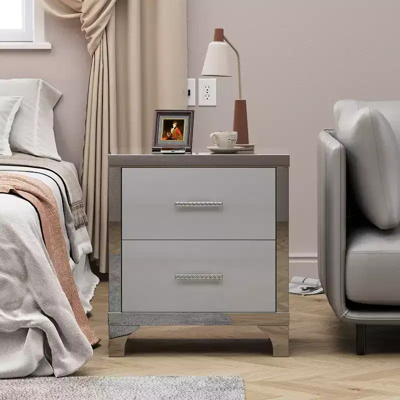 High Gloss Mirrored Sleek Modern 2 Drawer with Mirrored Accent Nightstand for Bedroom Living Room