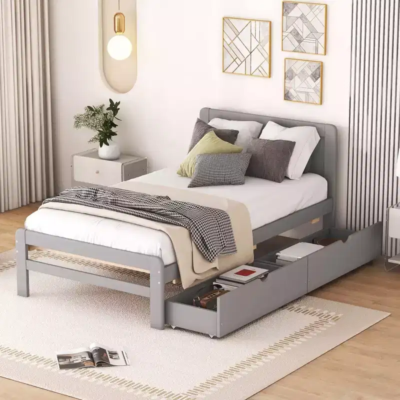 Twin Modern Platform Bed Frame with 2 Storage Drawers Sturdy Wooden Platform Bed Noiseless No Springs Required Easy to Assemble