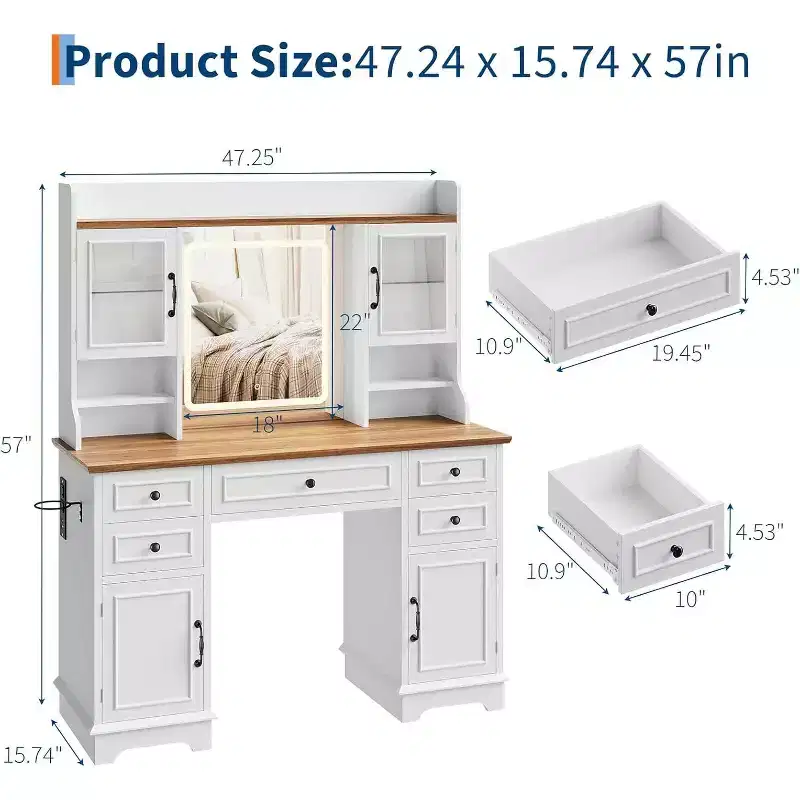 Acekool White Vanity Desk with Mirror, Adjustable Light, Drawers and Charging Ports for Bedroom or Dressing Room