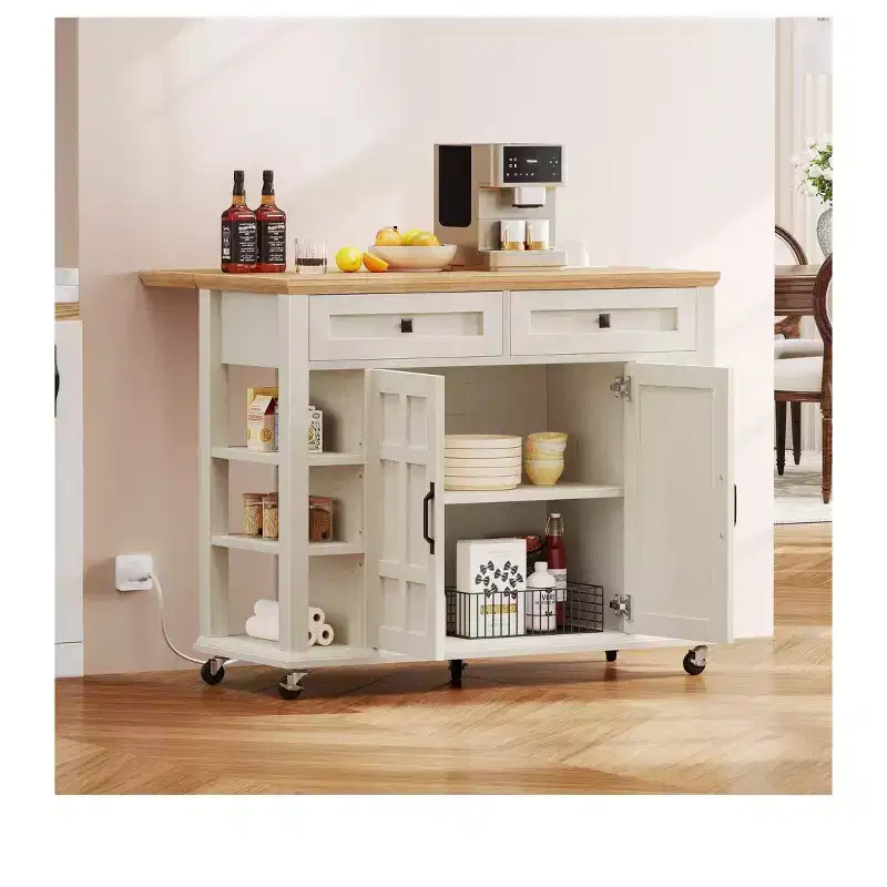 Rolling Kitchen Island Cart with Folding Drop Leaf & Power Outlets Kitchen Storage Cart with Drawers with Adjustable Shelves, Beige