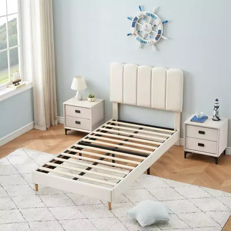 Twin Bed Frame, Velvet Upholstered Platform Bed with Wave Headboard for Girls/Kids, Easy Assembly, Wooden Slats Support, No Box Spring Needed, Pink