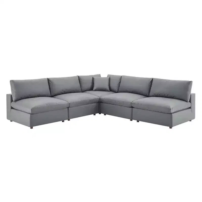 5pc Commix Down Filled Overstuffed Vegan Leather L-Shaped Sectional Sofa Set Gray - Modway: Plush Comfort, Modern Home Furniture