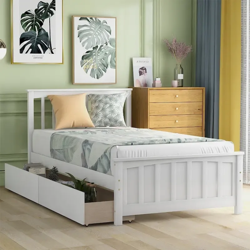 Twin Size Platform Bed with Trundle & 2 Storage Drawers – White Solid Pine