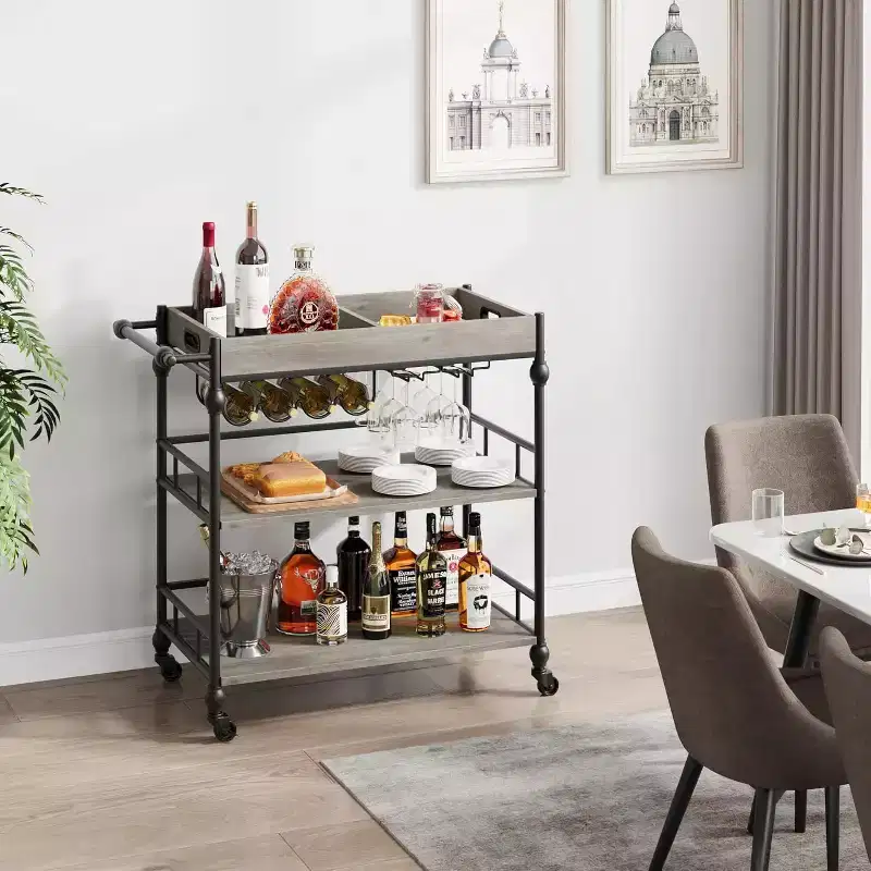 Roman Column Serving Cart, MDF & Iron Material, Retro Color, for Kitchen & Dining Area