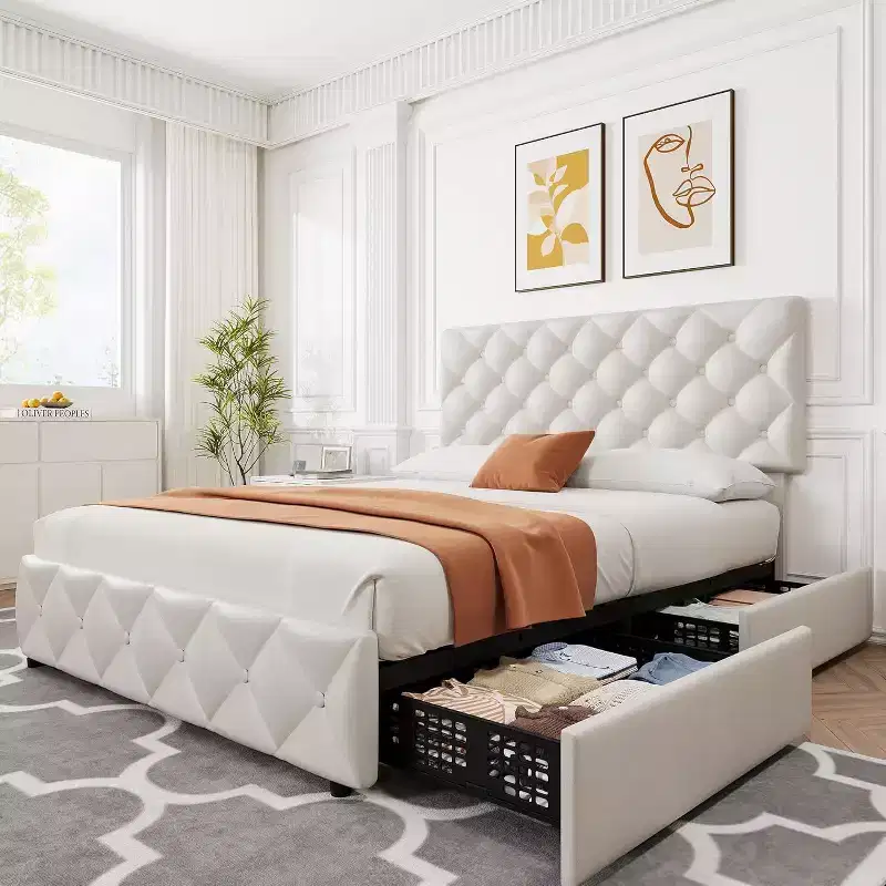 Queen Size Bed Frame with 4 Storage Drawers, Adjustable Headboard, Faux Leather Upholstered Platform, Diamond Tufted, No Box Spring, White