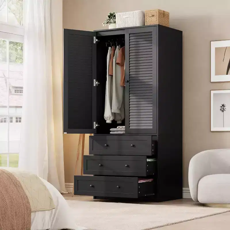 Shutter Door Wardrobe | Black PB + MDF + Melamine + Paper | For Bedroom, Guest Room