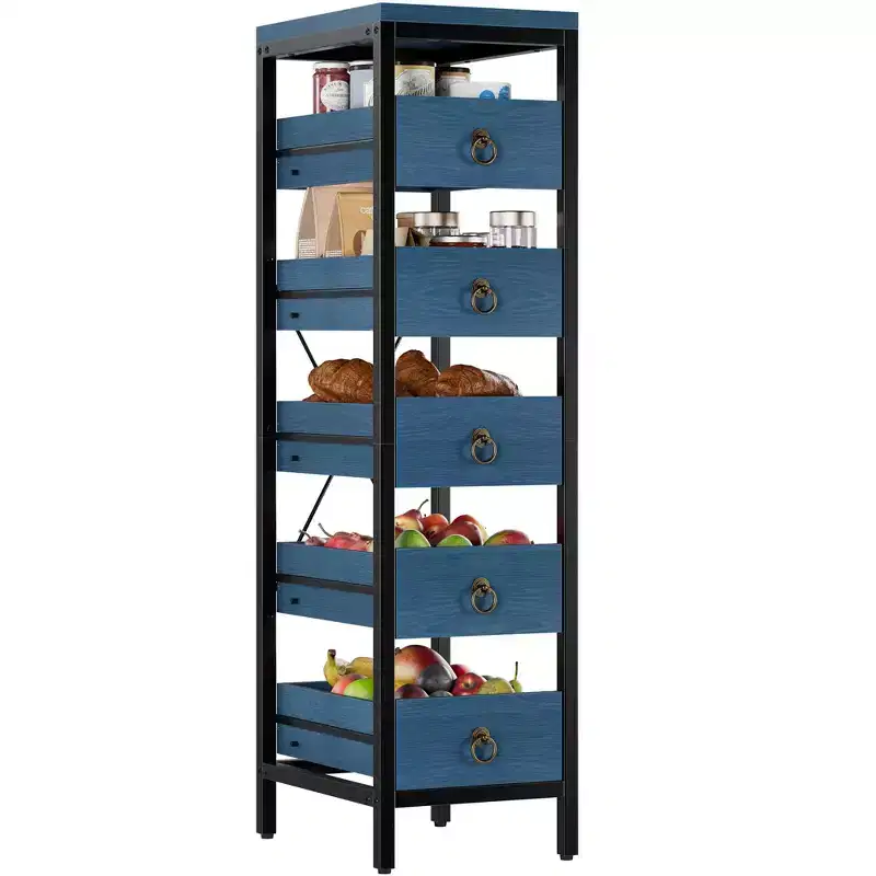 Slim 5-Level Metal Storage Rack with Sliding Basket Drawers, Narrow Space Organizer Shelf for Kitchen, Pantry, Bathroom, and Home Use