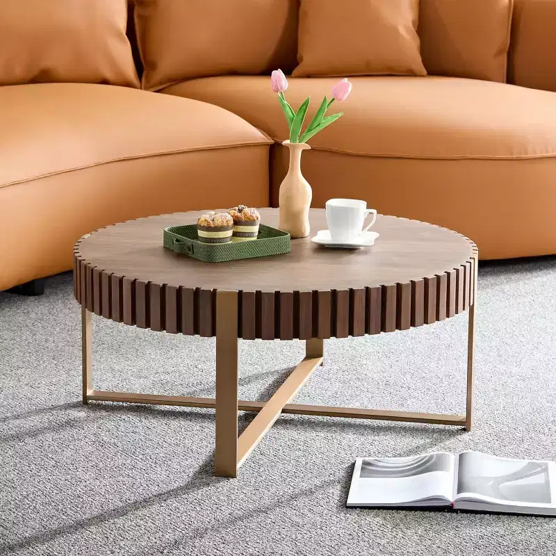 Brown Round Ribbed Metal Coffee Table, 1-Person
