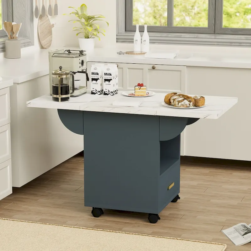 39.4 Foldable Solid Wood Dining Table with 4 Wheels and Drawer
