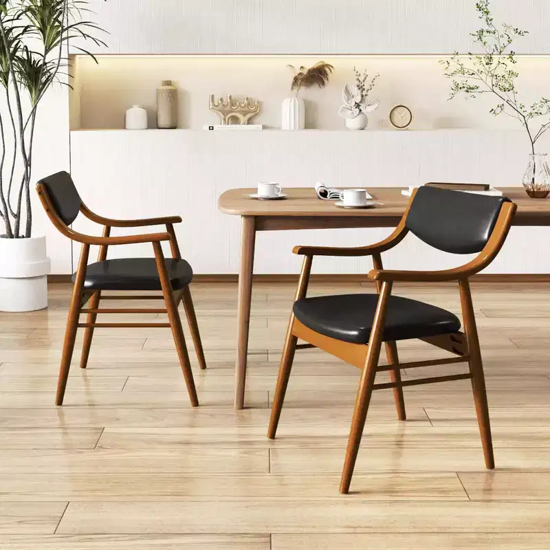 Costway PU Leather Dining Chair Set of 2 with Padded Seat & Back Armrests Rubber Wood Frame Black/Brown