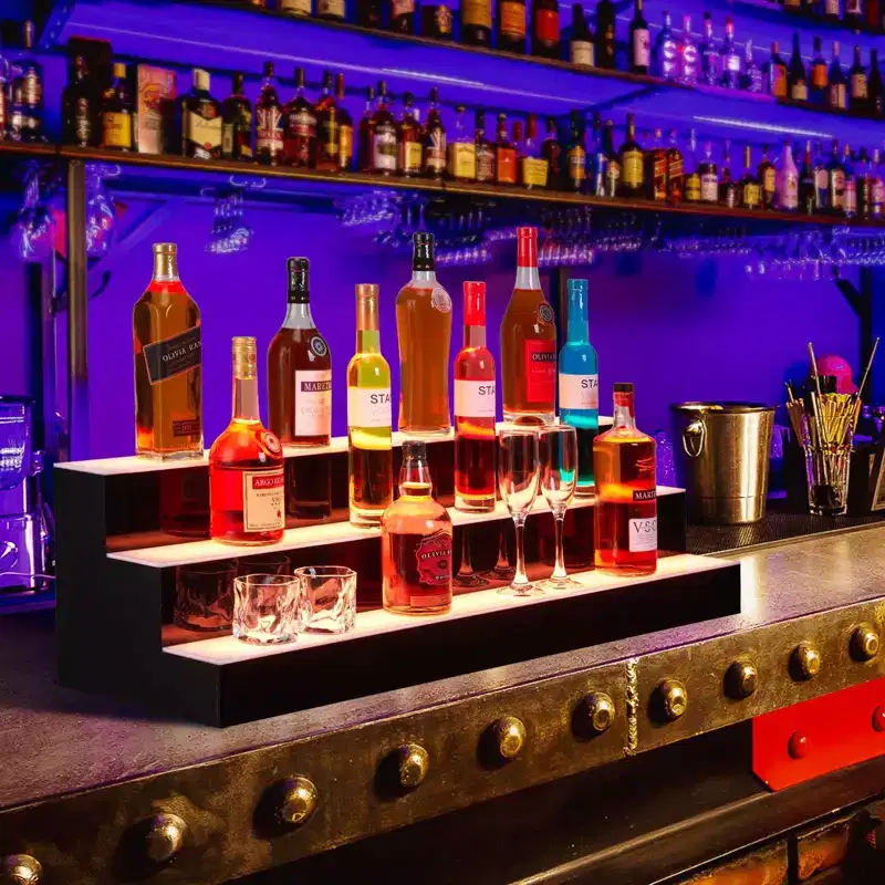 3-Tier 60 Inch LED Lighted Liquor Bottle Display Shelf, Acrylic, Multicolor RGB, Wall-Mounted, Remote & App Control, for Home/Commercial Bar Storage