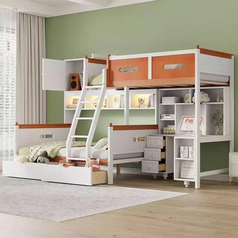 Twin Over Full Wooden Bunk Bed with Desk/Wardrobe, LED Light & Storage Space, White + Orange - ModernLuxe