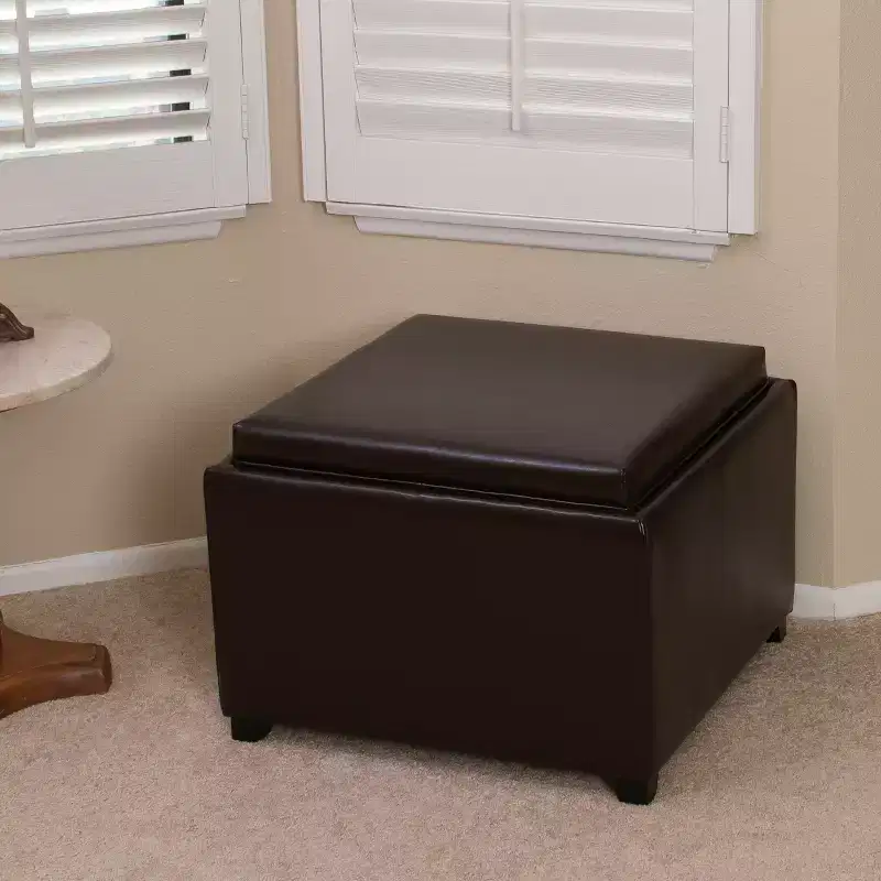 GDFStudio Brunello Contemporary Bonded Leather Tray Top Storage Ottoman, Chocolate Brown/Dark Brown